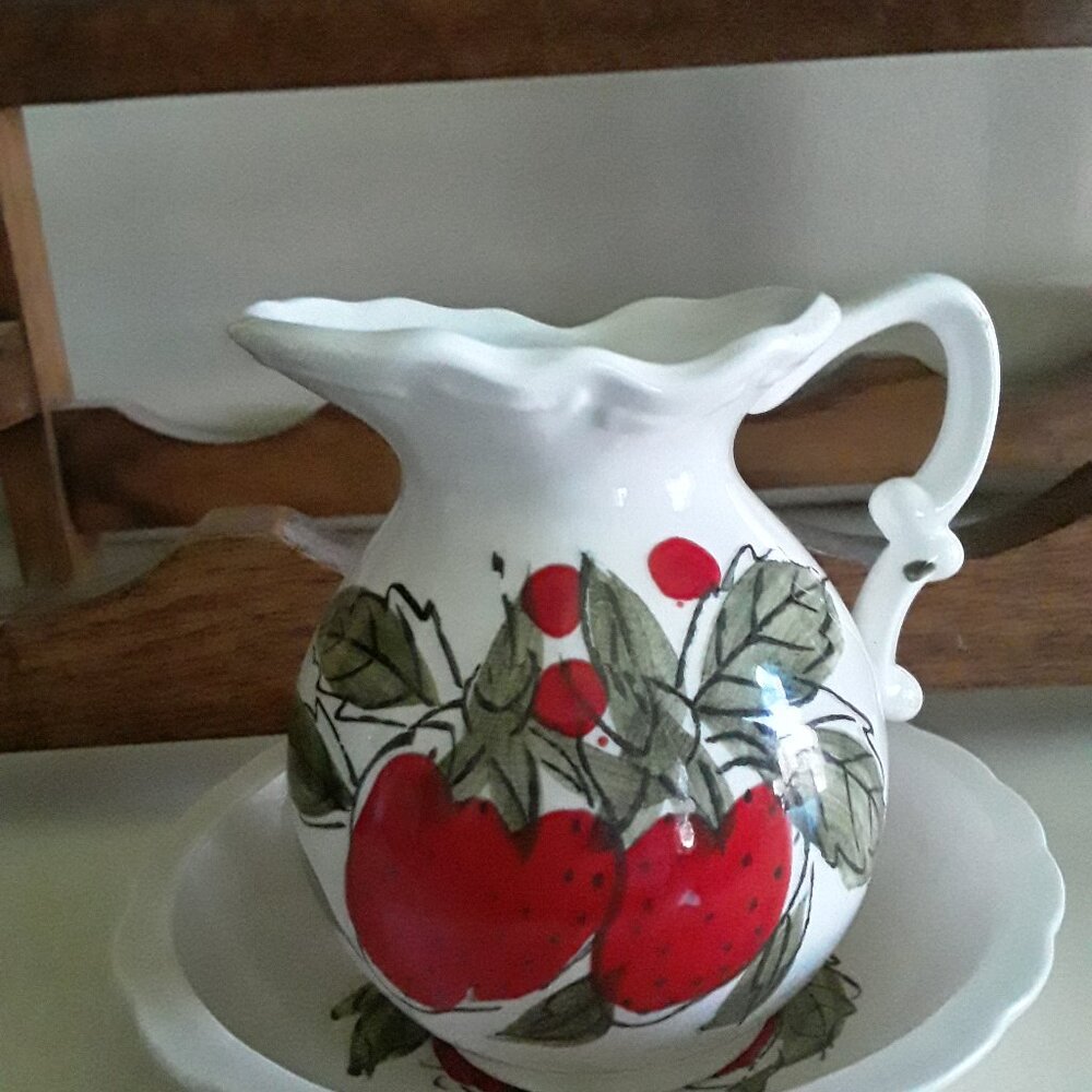 Vintage ENESCO Hand Painted Pitcher with Matching Saucer - Strawberry Motif